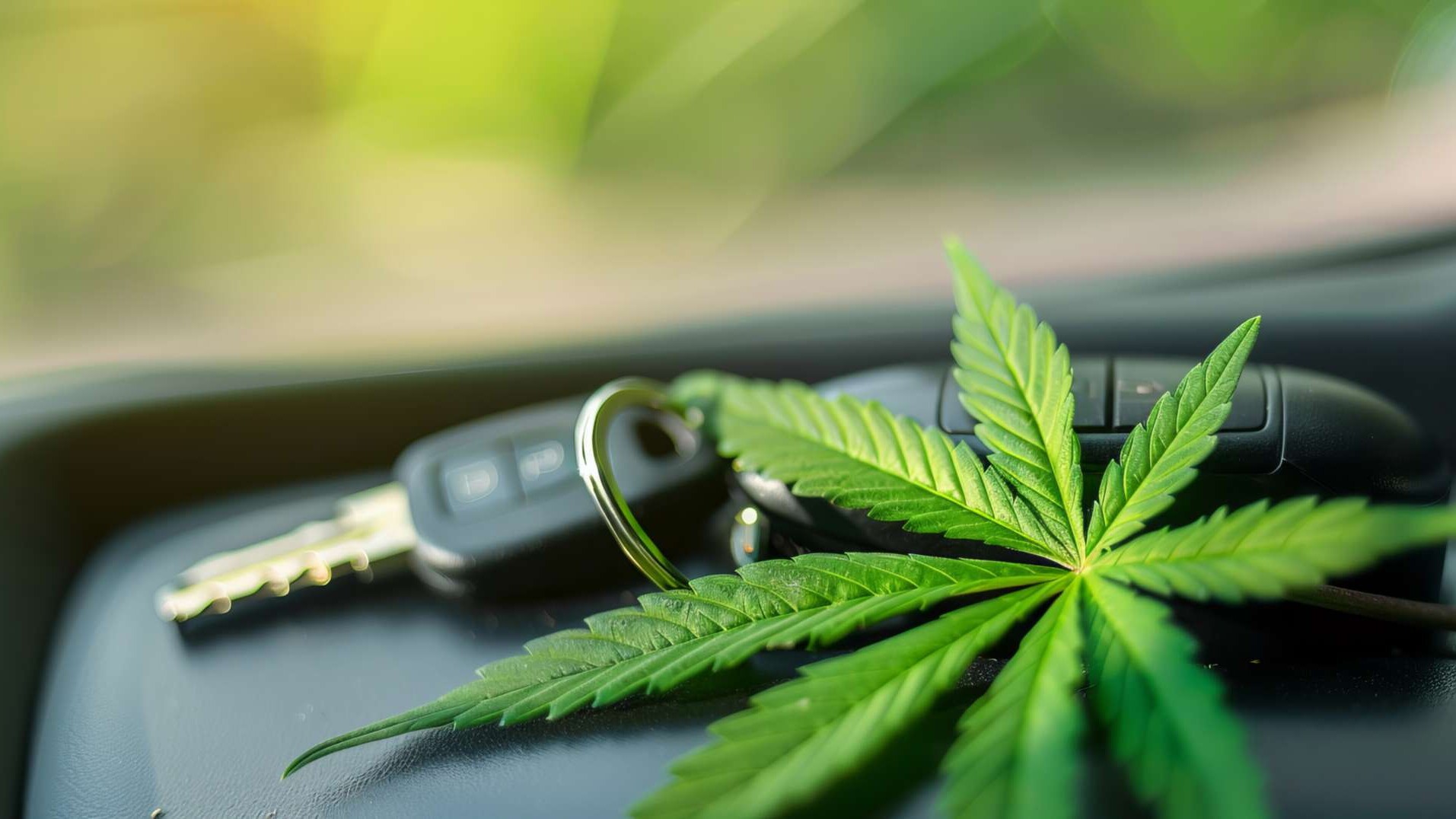 Cannabispflanze mit Autoschlüssel liegen im Pkw.