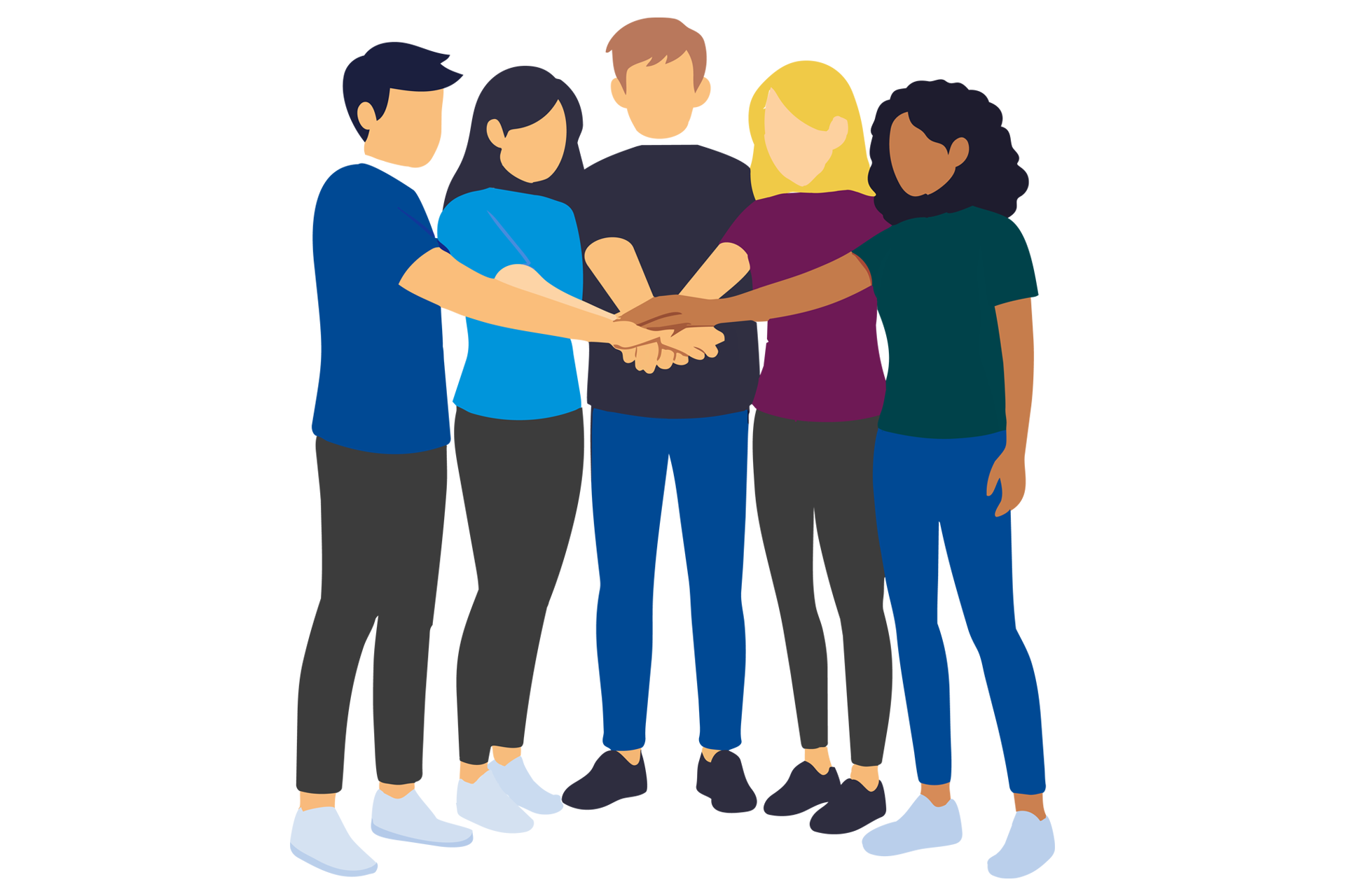 Fünf Erwachsene stehen im Kreis und legen lächelnd ihre Hände übereinander als Zeichen von Teamgeist und Zusammenhalt