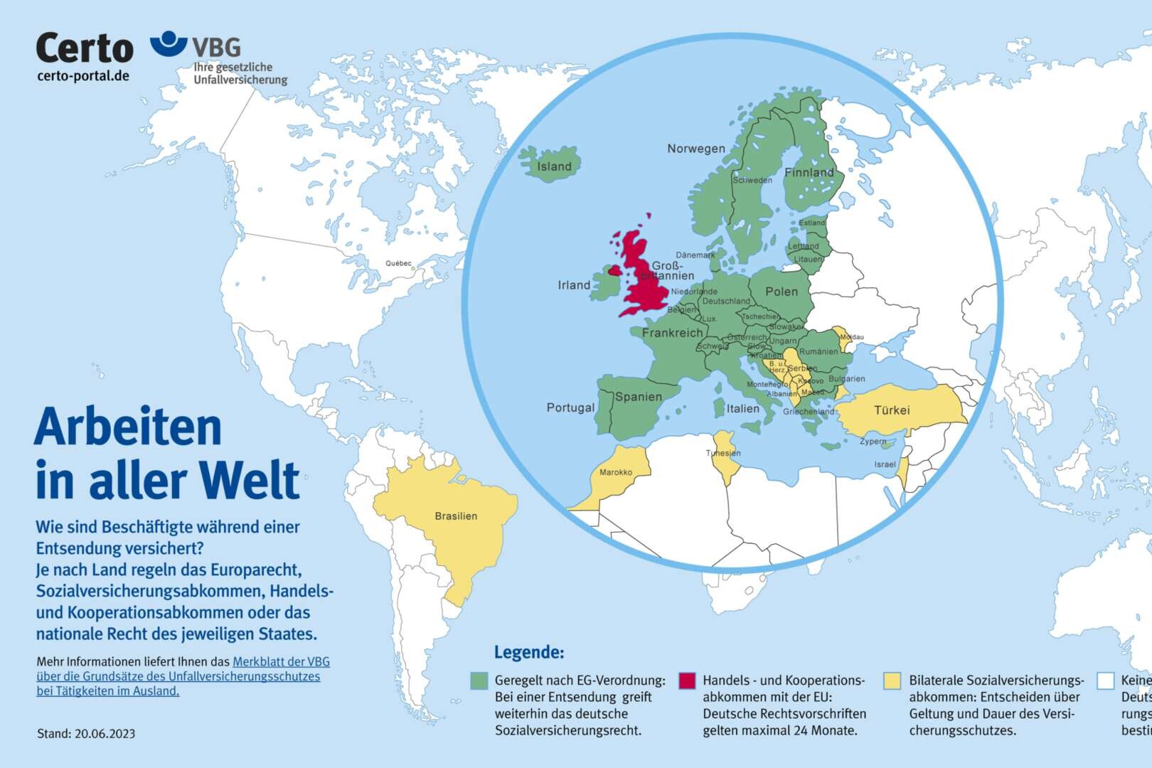 Infografik einer Weltkarte zur Veranschaulichung des Versicherungsschutzes im Ausland