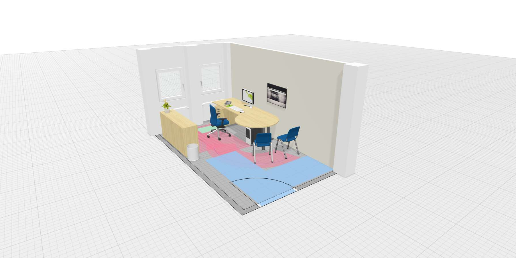 Planungsbeispiele OnlinePlanner dreidimensionale, grafische Darstellung eines Einzelbüros mit Besprechungsbereich