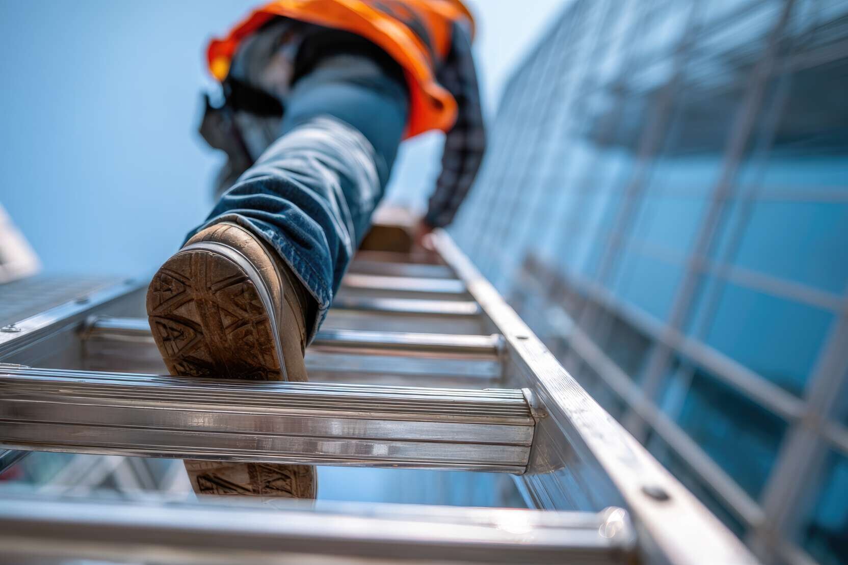 Bauarbeiter, der auf einer Leiter an der Fassade eines modernen Gebäudes hinaufsteigt