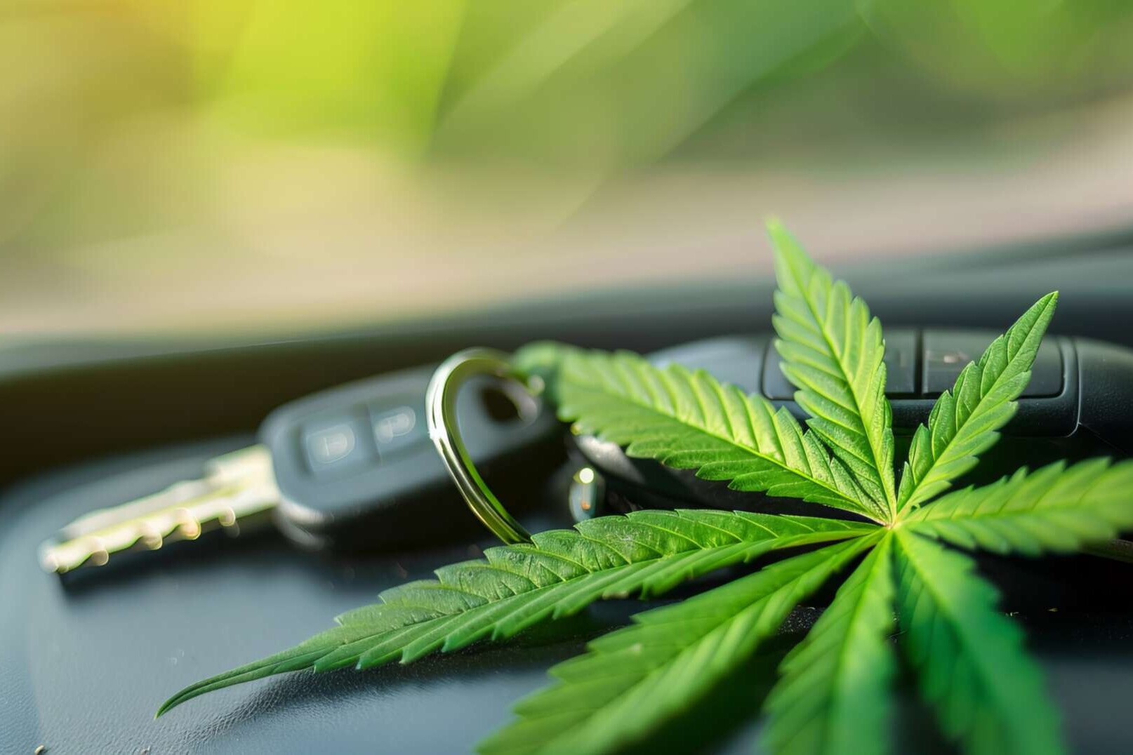 Cannabispflanze mit Autoschlüssel liegen im Pkw.
