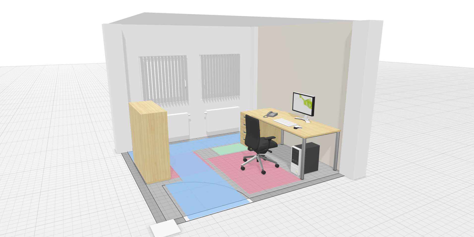Planungsbeispiele OnlinePlanner dreidimensionale, grafische Darstellung eines Einzelbüros