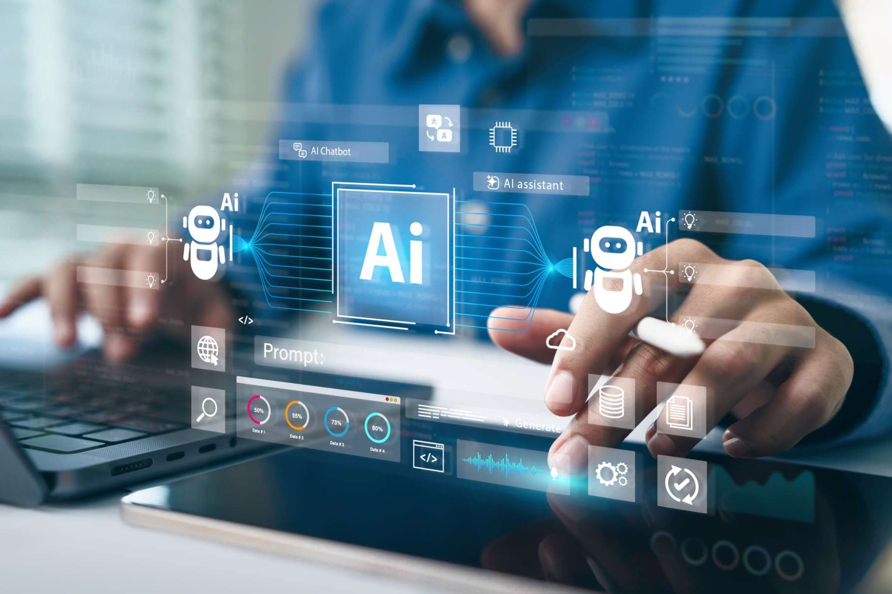 Person arbeitet an Laptop und Tablet, der Einsatz von Künstlicher Intelligenz ist durch ein in der Luft schwebendes Dashboard angedeutet.