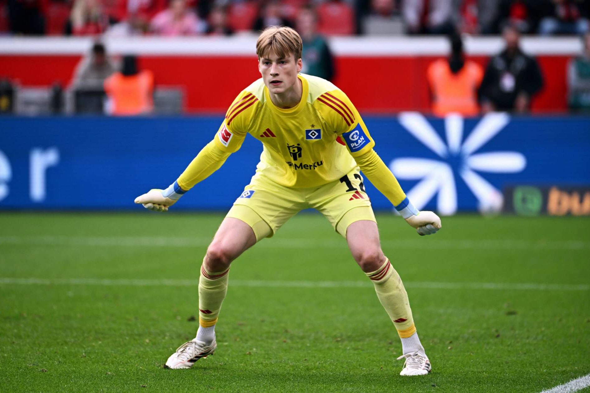Sander Tangvik vom Hamburger SV beim seinem Profidebüt am 34. Spieltag in der Bundesliga-Partie gegen Bayer Leverkusen, 16.05.2026