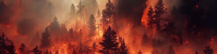 Waldbrand, Bäume brennen, Glut und Rauch