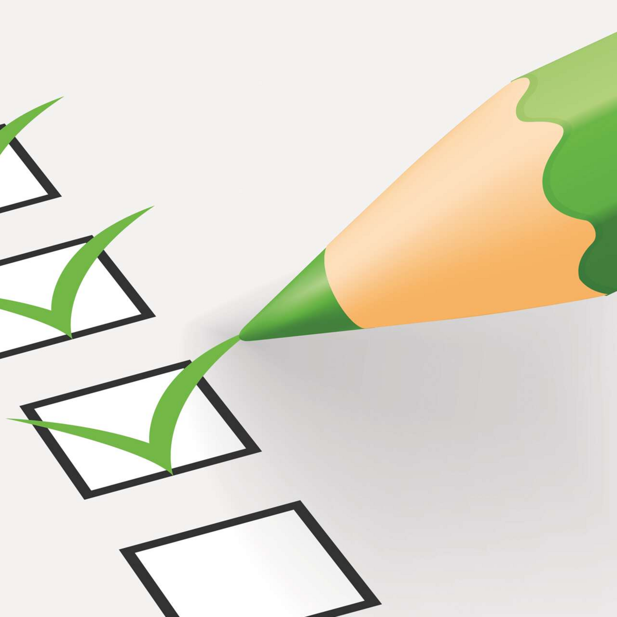 Grüner Stift hakt Kästchen einer Liste ab.