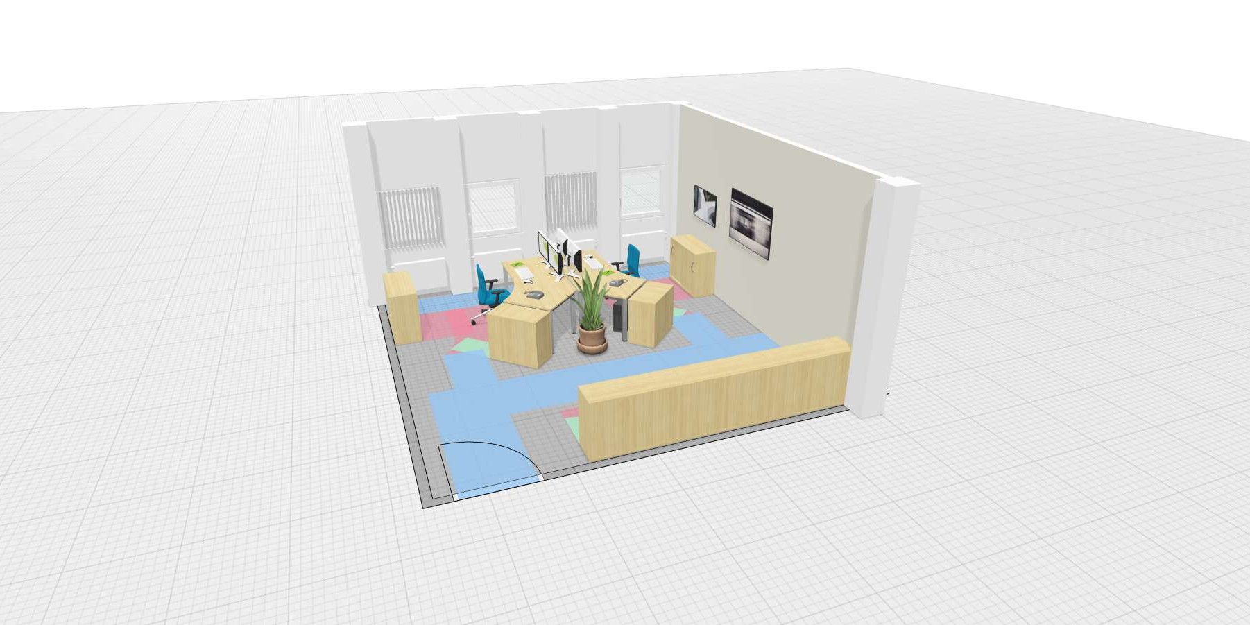 Planungsbeispiel OnlinePlanner dreidimensionale, grafische Darstellung eines Zweipersonenbüros