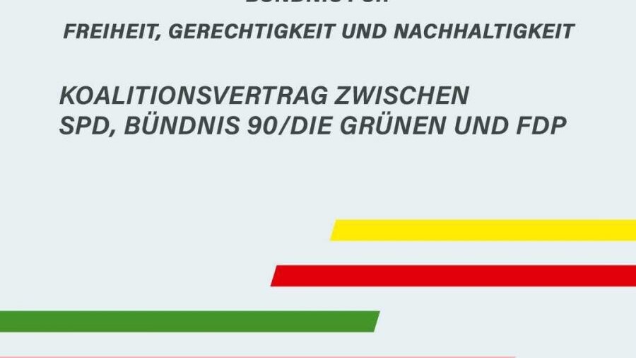 Visuelle Darstellung der Koalitionsvertrag zwischen den Parteien der SPD, Bündnis 90/Die Grünen und der FDP.