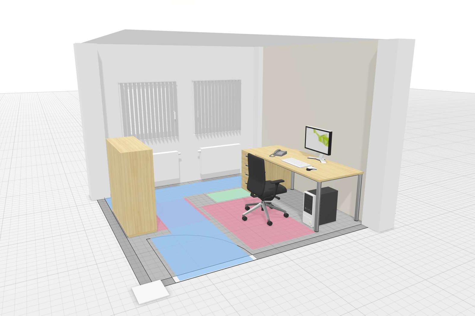 Planungsbeispiele OnlinePlanner dreidimensionale, grafische Darstellung eines Einzelbüros