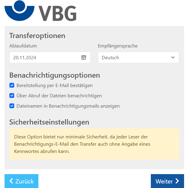 Cryptshare Transferoptionen