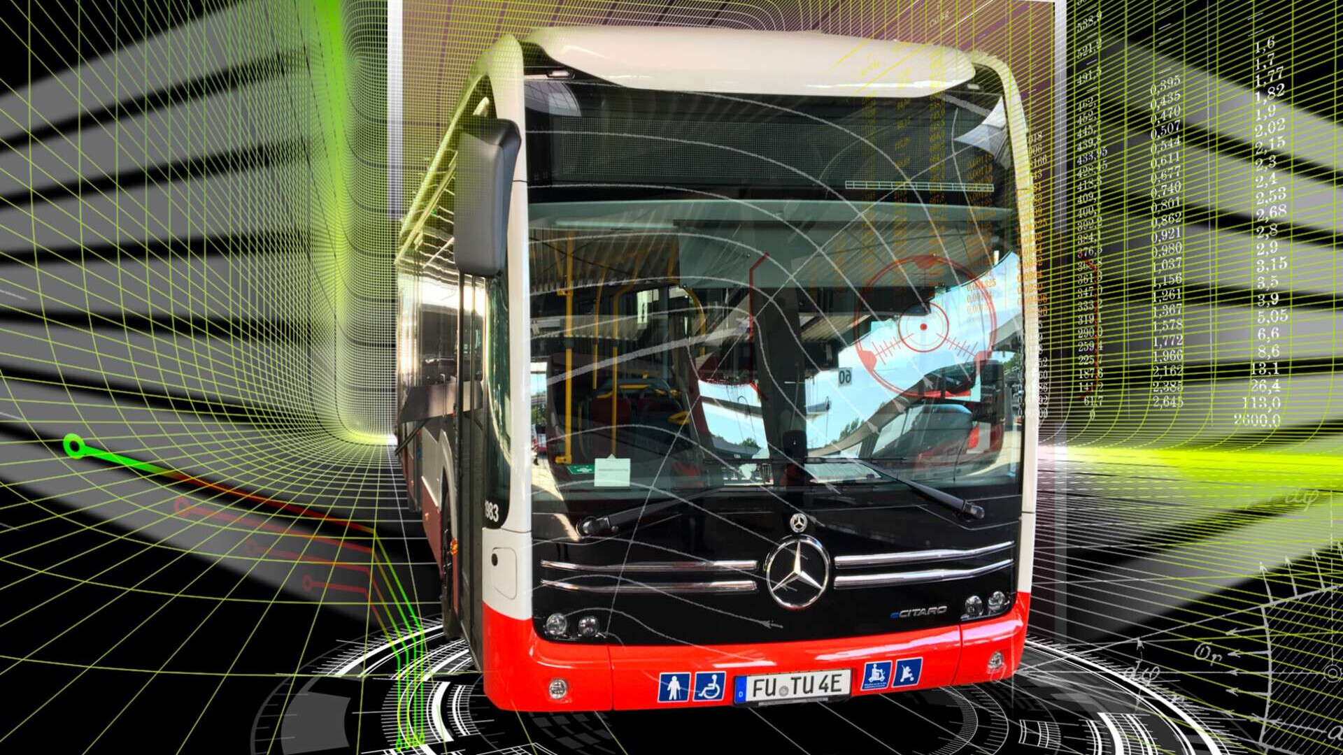 Branchenforum 2020 ÖPNV/Bahnen - Titelbild: Bus in abstrakt-futuristischem Raum als Symbol der neuen Formen der Arbeit im ÖPNV.