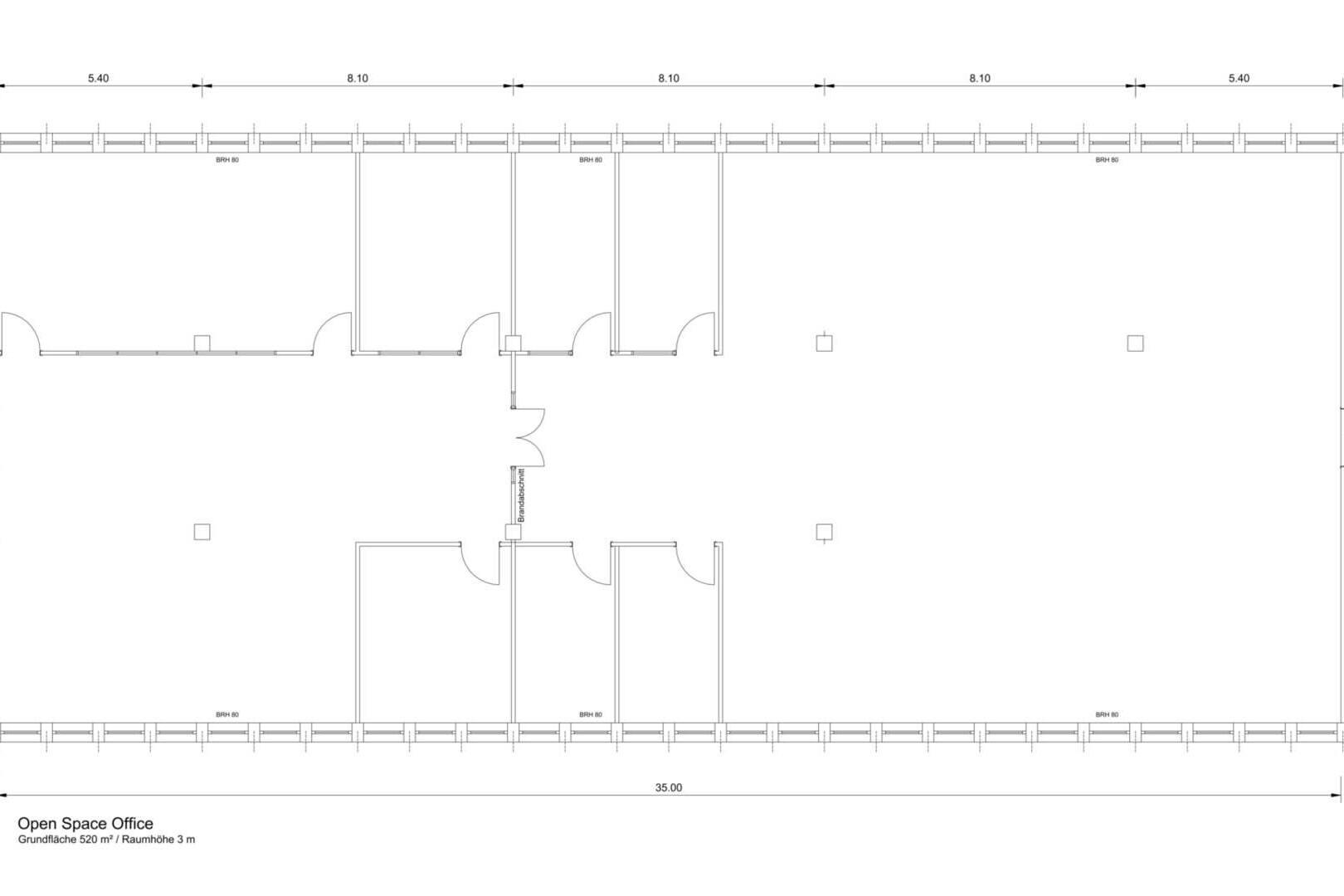Musterplanung aus Planungssoftware: Grundriss Open Space Office ohne Möblierung (Vorlage liefert Kunde/Mitgliedsunternehmen)