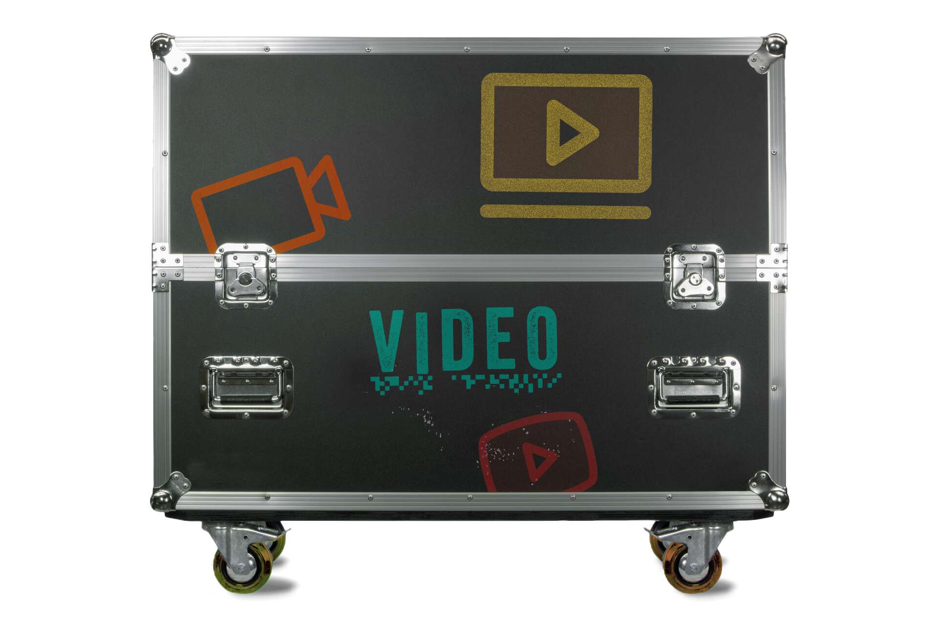Medienkiste: Roadie-Koffer auf Rollen, mit deutlichen Gebrauchsspuren, beklebt mit Symbolen für Video und beschriftet mit dem Wort "VIDEO".