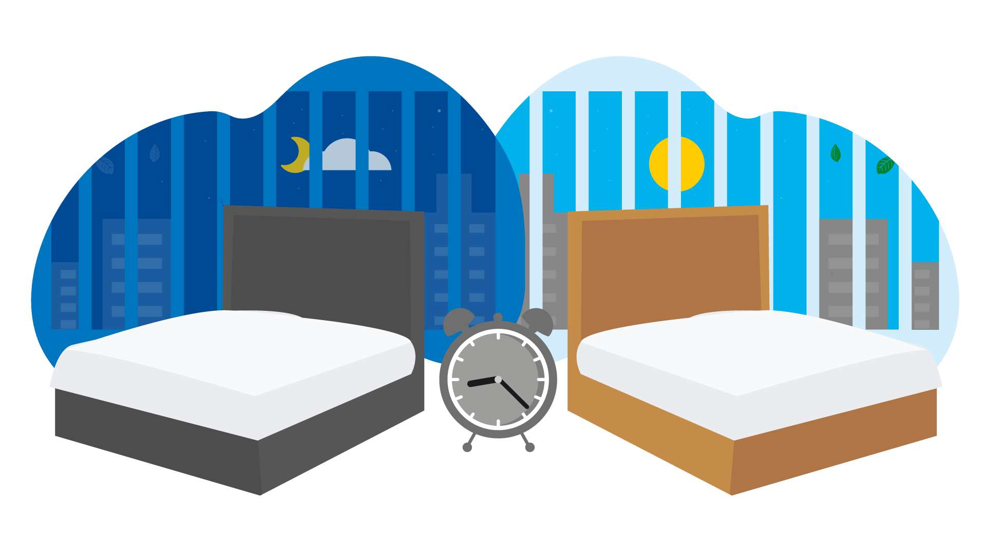 Grafische Darstellung von zwei Schlafszenarios: einmal am Abend und einmal am Morgen