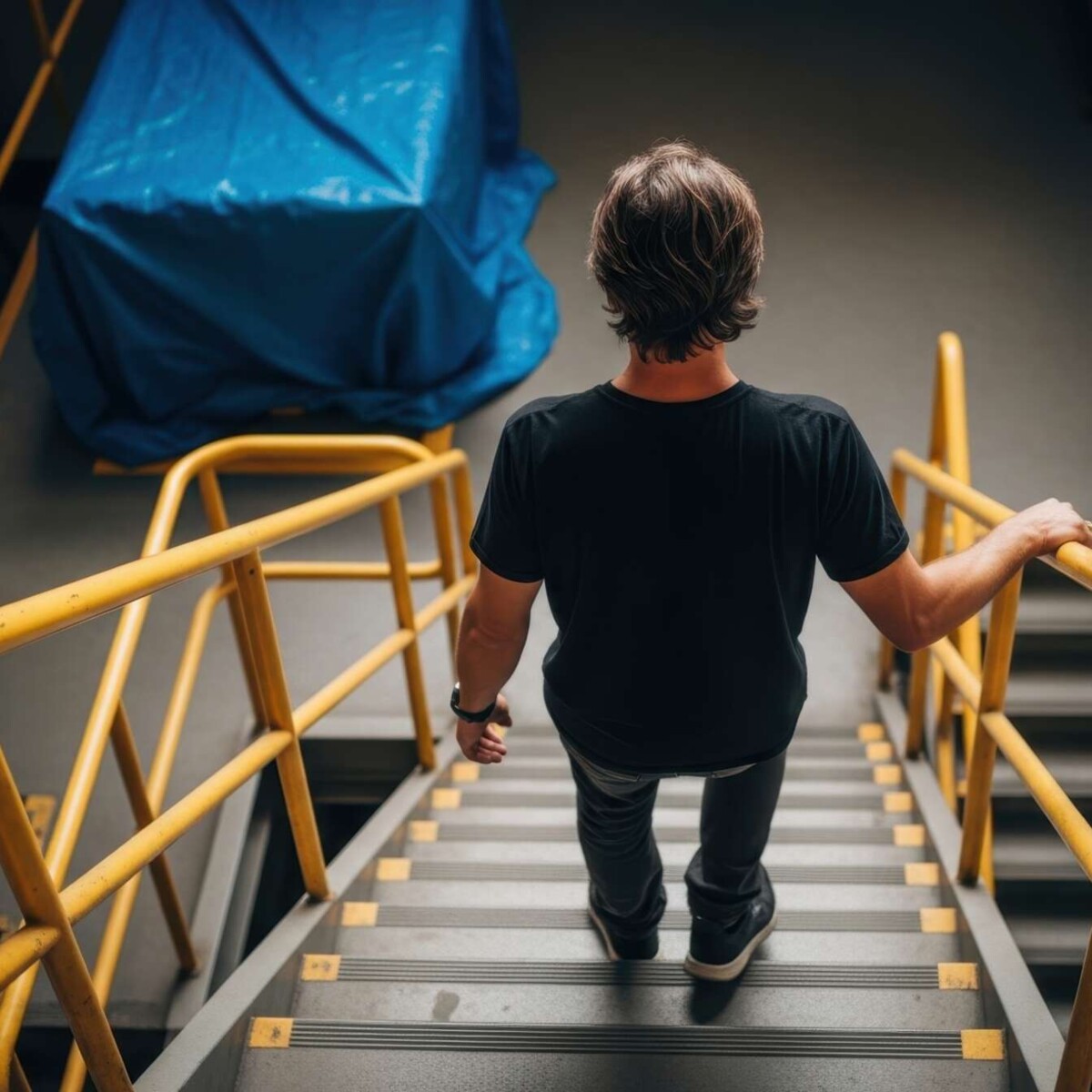 Rückansicht einer Person, die eine Industrietreppe mit leuchtend gelben Geländern in einer Lagerhalle oder Fabrik hinuntergeht