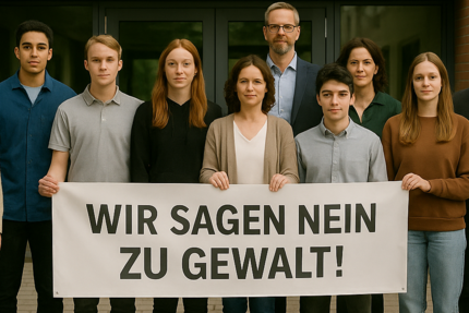Schüler und Beschäftigte einer Schule halten vor dem Gebäudeeingang einen Banner mit der Aufschrift "Wir sagen nein zu Gewalt!" hoch