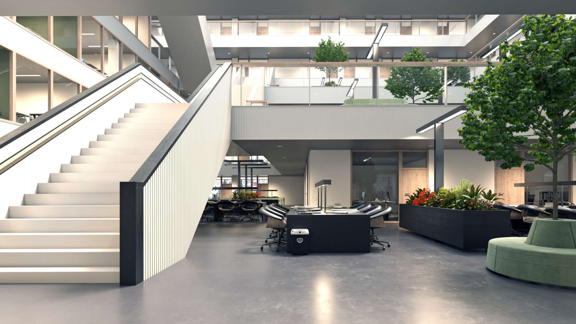 Treppen, Arbeits- und Loungeflächen in einem modernen Bürogebäude.