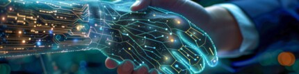 Eine menschliche Hand schüttelt eine digitale Hand. Symbolisiert KI und Digitalisierung. Androide Hand. Neuronale Netzwerke.