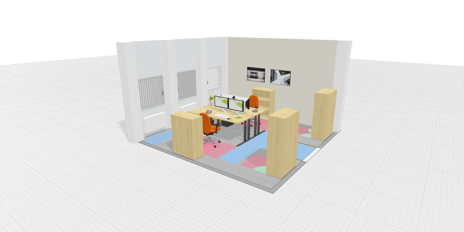 Planungsbeispiele OnlinePlanner dreidimensionale, grafische Darstellung eines Zweipersonenbüros