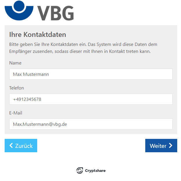 Cryptshare Eingabe Kontaktdaten
