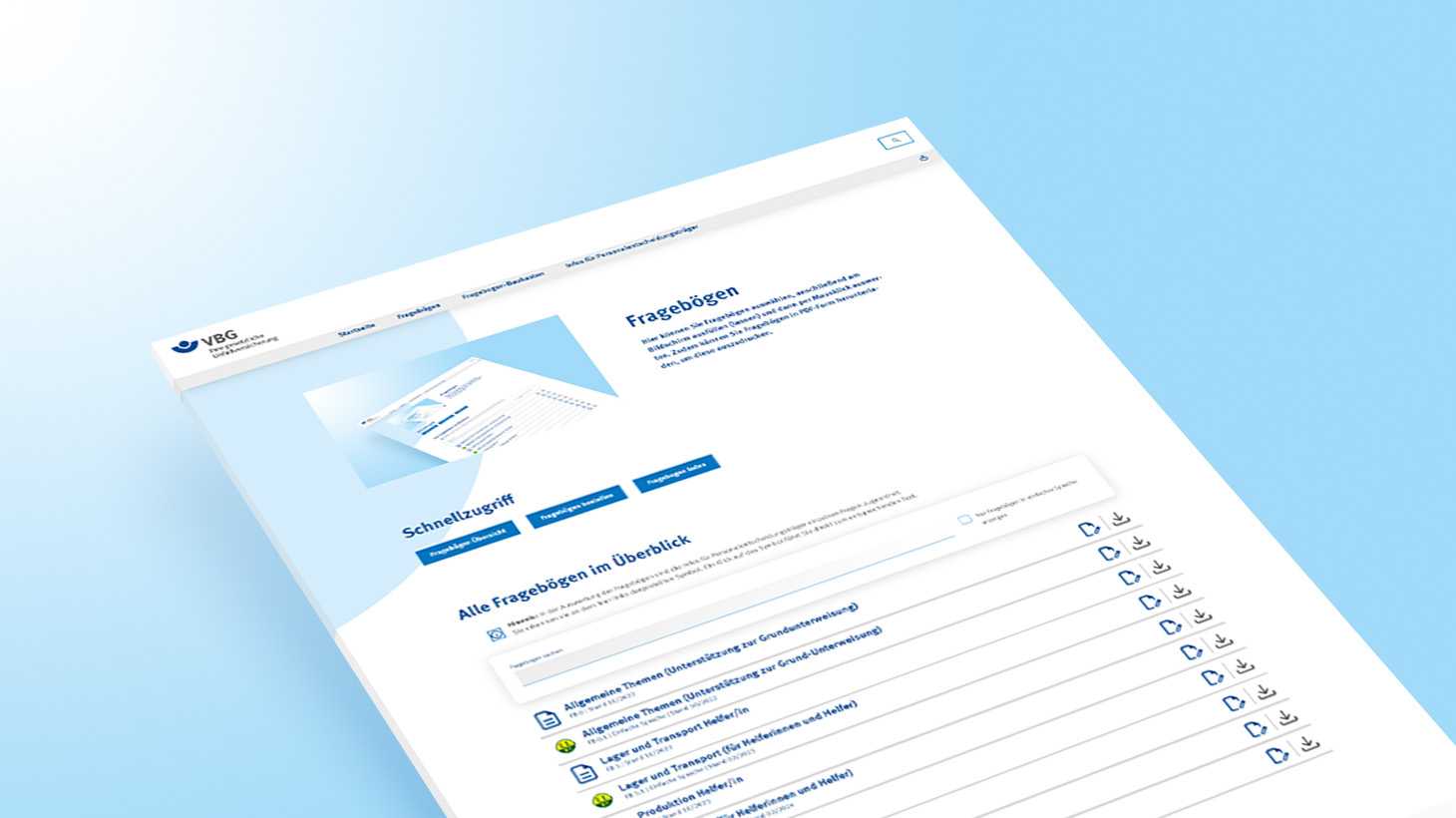 Mockup der aktuell zu sehenden Webseite mit der Fragebogen-Übersicht als ausgedrucktes Papier