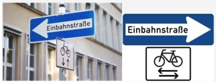 Verkehrsschild: Einbahnstraße und Rdfahrer frei